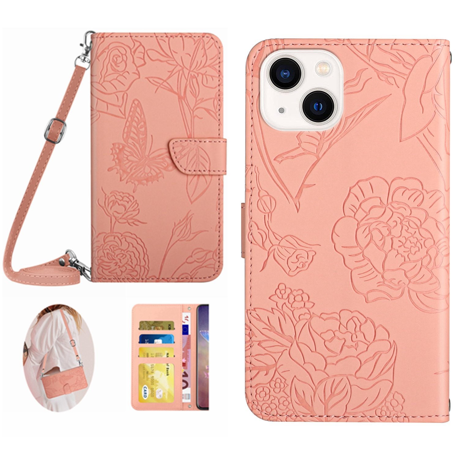 HT03 For iPhone 15 PU Leather Anti-scratch Phone Cover Stand Wallet Imprinted Case with Shoulder Strap HT03 For iPhone 15 PU Leather Anti-scratch Phone Cover Stand Wallet Imprinted Case with Shoulder Strap
